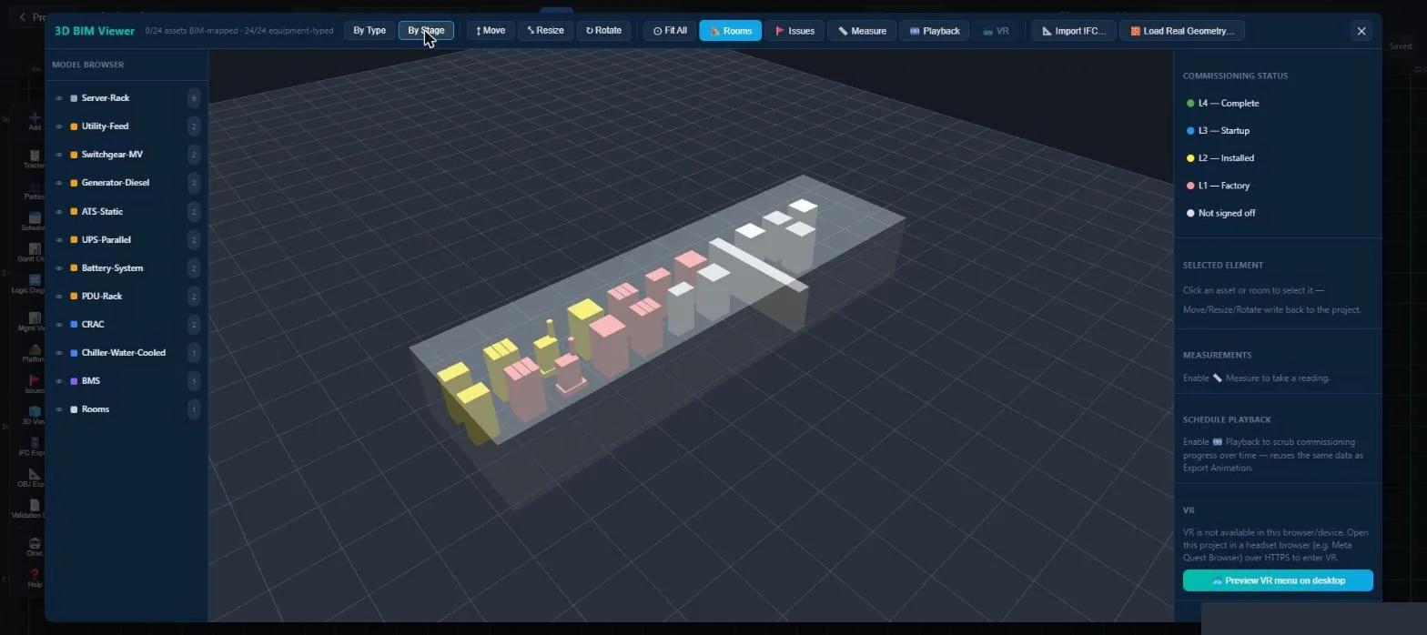 3D viewer of a data center coloured by commissioning stage