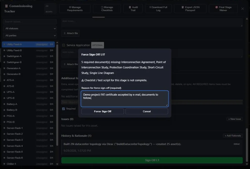Force sign-off dialog listing missing documents and requiring a reason