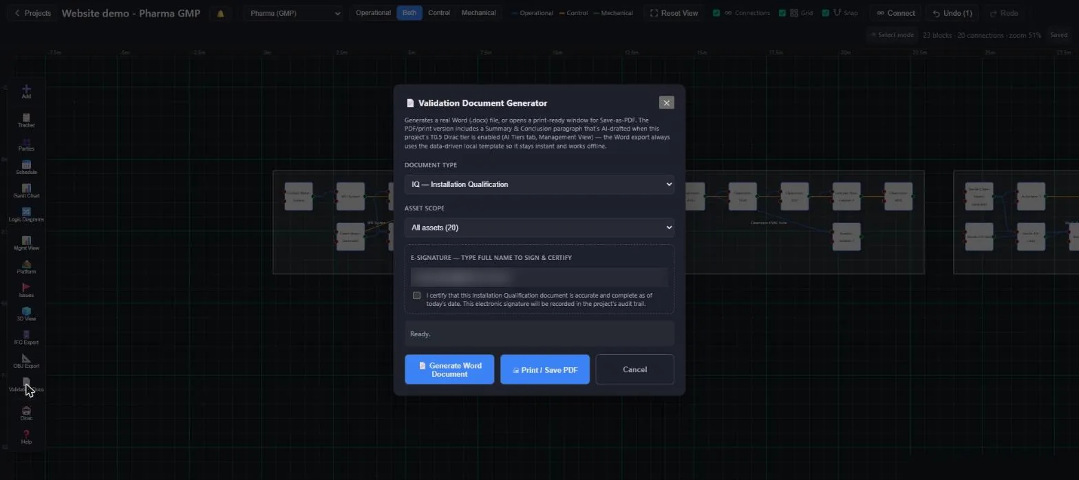 Validation document generator for IQ with e-signature