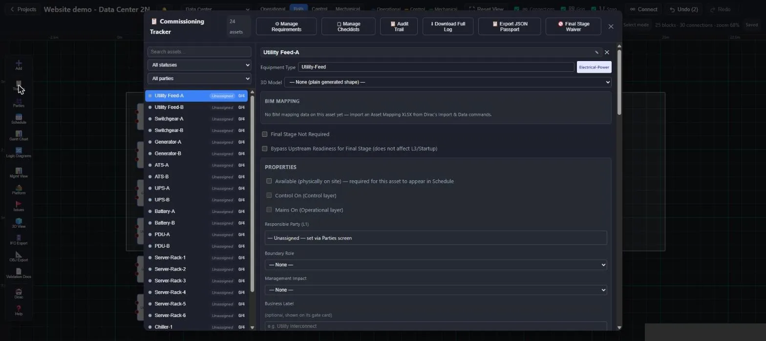 Commissioning tracker with asset list, stage progress and asset properties