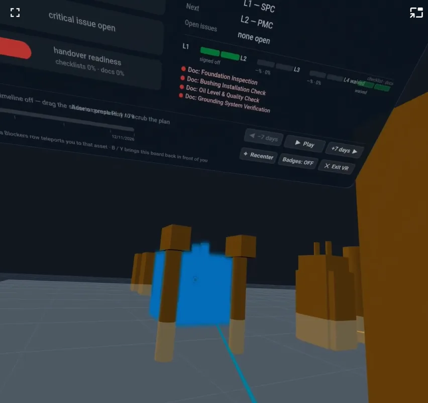 Headset view of the site board's handover readiness and an asset's stage badges