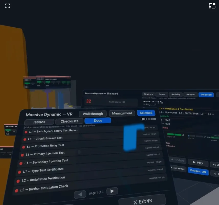 Headset view of the selected asset's documentation requirements and the site board beside it