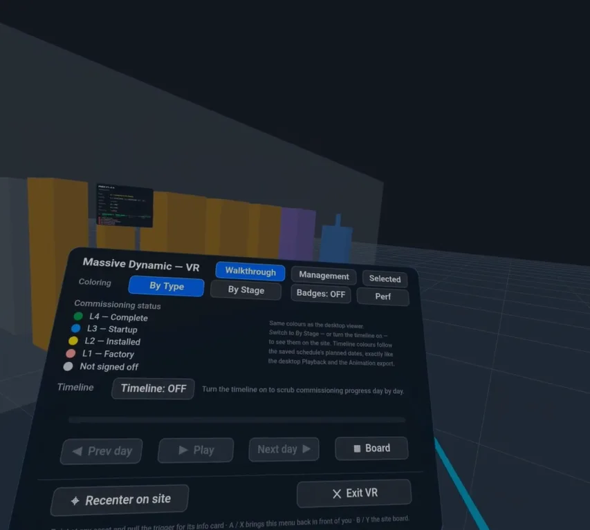 Massive Dynamic VR menu captured in the headset: stage colouring, timeline and board controls