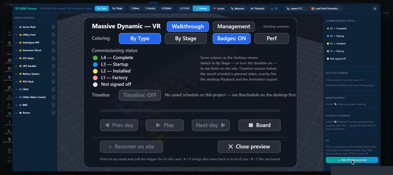VR menu with walkthrough, management and stage colouring controls
